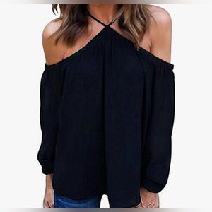 Women's Off The Shoulder Ruched Long Sleeve Blouse Spaghetti Halter Shirt -Large
